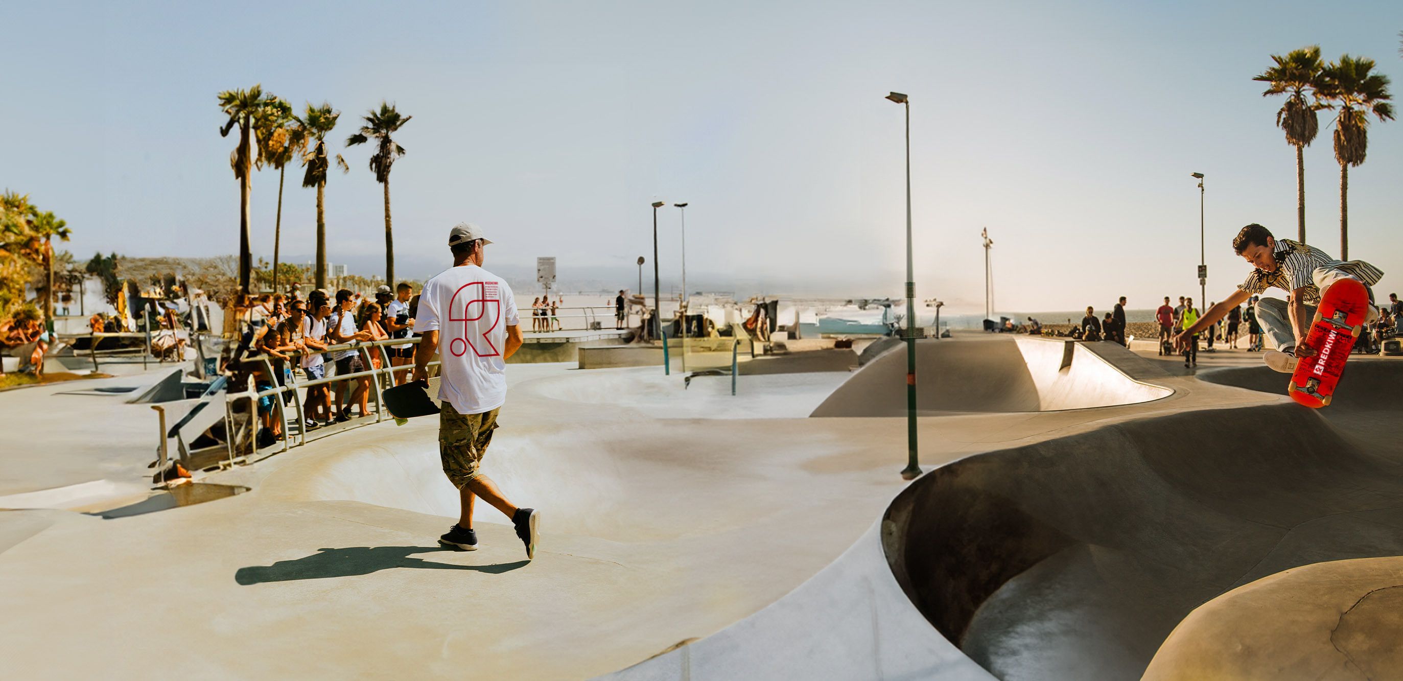 Redkiwi header our culture. Men in skateboarding park wearing Redkiwi t-shirt.